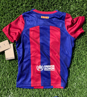 2023 - 2024 Barcelona FC Kids Home Kit Shirt Short and Socks With Sponsors