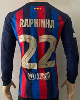 2022-2023 FC Barcelona Long Sleeve Home Shirt Raphinha Champions League Kitroom Player Issue Mint Condition Size L