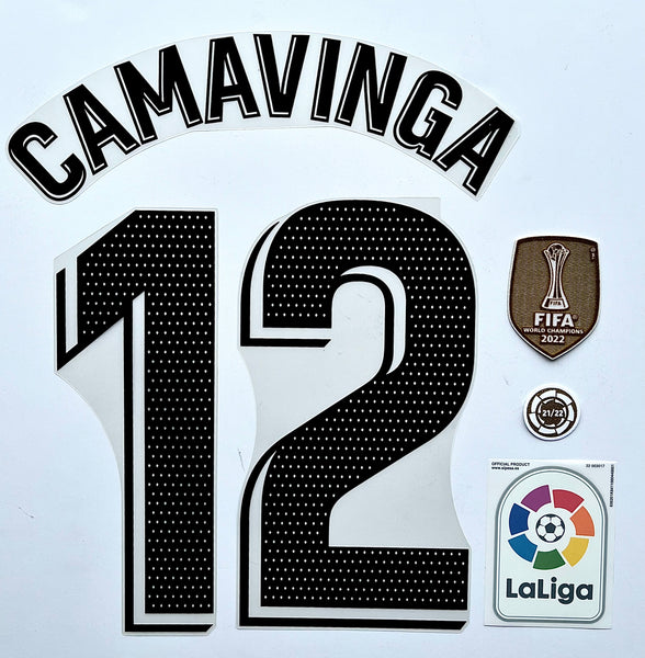 2022-2023 Real Madrkid Camavinga Home / Away kit La Liga Name set, number, CWC Champions badge, La Liga badge and La Liga Champions badge Kitroom Player Issue