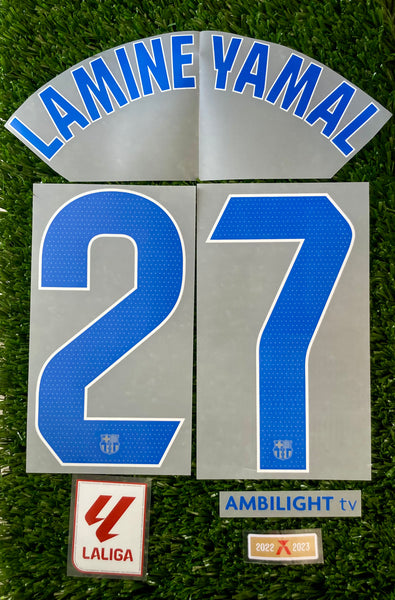 2023-2024 FC Barcelona Away kit Name Number set Lamine Yamal Player Issue La Liga Patches