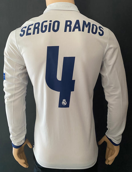 2016 2017 Real Madrid Home shirt Sergio Ramos sporting ID badges and name set long sleeve new with tags size Small