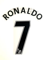 Name Set Número “Ronaldo 7” Manchester United 2007-08 Para la tercera equipación/for third kit Premier League Avery Dennison