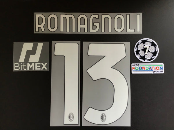 Nombre y numero Romagnoli 13 AC milan 2021-22 local parches Champions League y BitMEX Name set Player issue Home