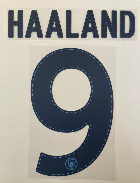 Name set Número Haaland 9 Manchester City 2022-23 For home kit/Para la camiseta de local Champions League/FA Cup SportingiD Player Issue