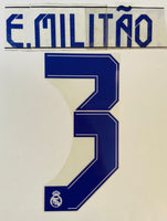 Name Set Número E. Militão 3 Real Madrid CF 2021-22 For home kit/Para la camiseta de local Champions League/Copa del Rey/Supercopa Avery Dennison Player Issue